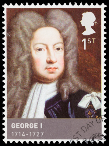 Sacramento, California, USA - September 27, 2011: A 2011 United Kingdom postage stamp with an illustration of King George I (1660-1727). George I,  the first House of Hanover monarch, ruled as King of the United Kingdom from 1698-1727.