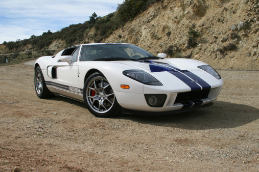 Ojai, CA USA - March 21, 2009 : Parked Ford GT sports car on a canyon road. Ford produced the GT from 2005-2006 model years only 4038 cars were produced.