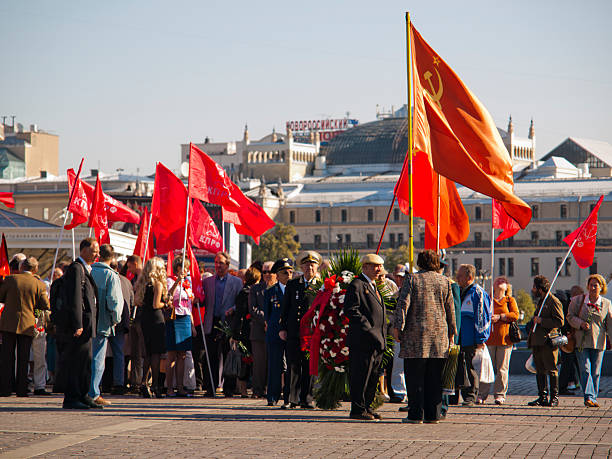 Moskow, Russia - September 2, 2011: Communists with flags gathered at Red Square in moskow in september 2011