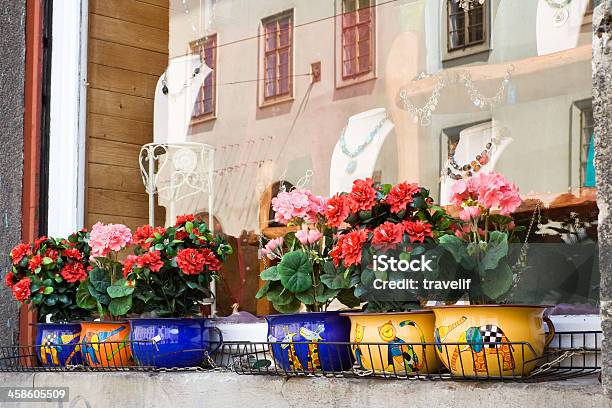 Foto de Peitoril De Janela Com Vasos De Flores Na Colorida e mais fotos de stock de Arrumado - Arrumado, Artigo de decoração, Botânica - Assunto