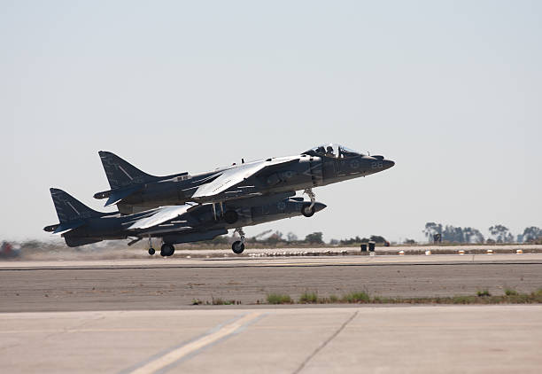 Harrier Jets Taking Off San Diego, United States- October 1, 2011: Two Harrier jump jets taking off at the Marine Corps Air Station Miramar Airshow. 2011 marks 100 years of naval aviation. miramar air show stock pictures, royalty-free photos & images