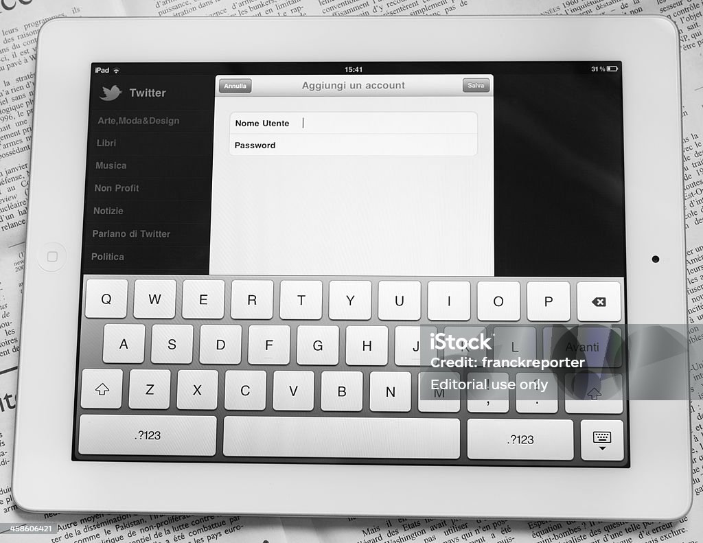 Apple Ipad 2 Mit Twitter anmelden Webseite - Lizenzfrei Brand Name Online Messaging Platform Stock-Foto