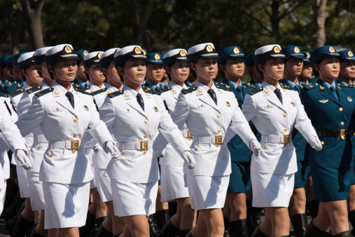 Beijing, China - October 1, 2009: Chinese female soldiers marching of the military parade in the celebrations for the 60th anniversary of the founding of the People\\\\\\'s Republic of China, in central Beijing.