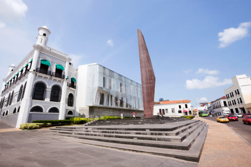 Villahermosa, Mexico - May 20, 2012: The metal stele at the bicentennial plaza in the city downtown, built in 210 to commemorate the double celebration of Mexico's independence and revolution anniversaries.
