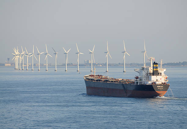 Ship and Danish Offshore Windfarm stock photo