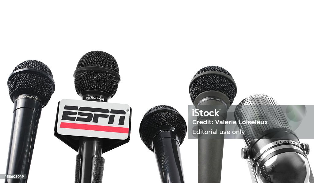 Five Microphones and ESPN mic flag Cantley, Québec, Canada - March 12, 2008:  ESPN Stock Photo