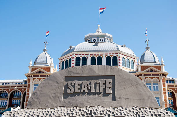 Scheveningen, The Netherlands - May 1, 2011: Sand Sculpture at the beach of Scheveningen, with Koerhuis on background