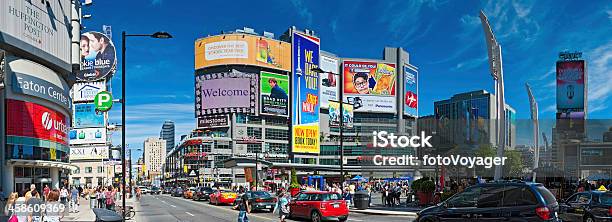 Toronto Yonge Dundas Square Busy Shopping District Billboard Panorama Canada Stock Photo - Download Image Now
