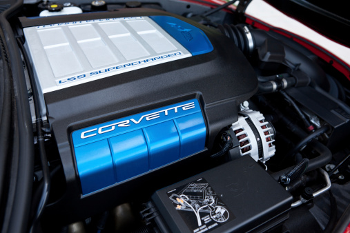 Scottsdale, United States - November 3, 2011: A close up shot of the engine from a Corvette ZR1, the ZR1 is the fastest Corvette made by Chevrolet and features a 638 horsepower supercharged LS9 engine.