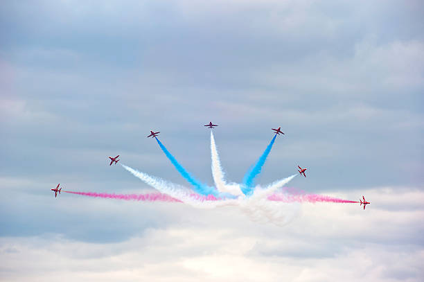 Weston-super-Mare, Somerset, England-July 23, 2012: The Red Arrows RAF Display team appearing at the Grand Pier Airshow