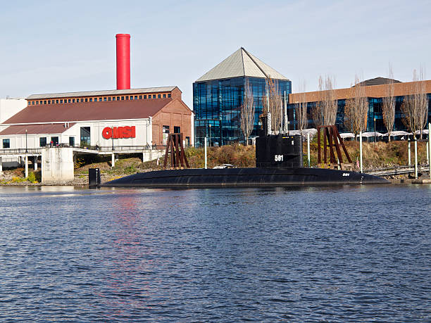 USS Albacore, an experimental US Navy research submarine, on display at Albacore Park in Portsmouth, New Hampshire, used to develop fleet hull and propulsion technology.
