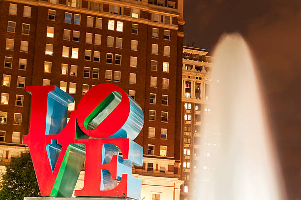 Love sculpture in Philadelphia downtown at twilight stock photo