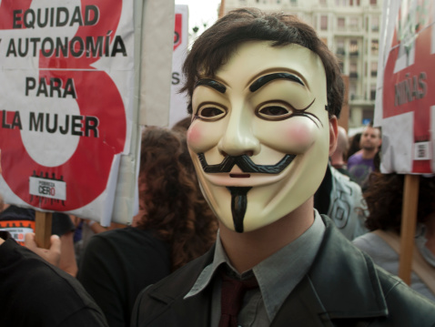 Valencia, Spain - October 15, 2011: Anonymous protester in a demonstration in Valencia streets, under the slogan \\\
