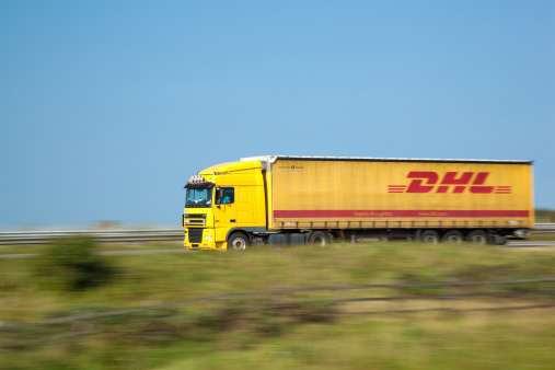 Port Talbot, United kingdom - 1st september, 2011 : DHL delivering lorry travel on motorway