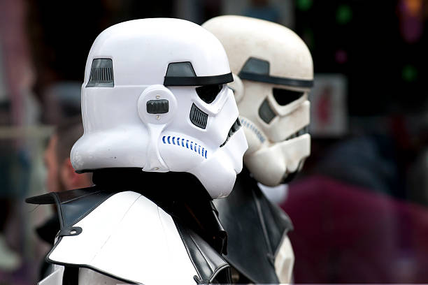 Taastrup, Denmark - May 28th, 2011: Two stormtroopers are taking a walk in their legendary white suits. They played the part of Darth Vaderaas soldiers and henchmen in the Star Wars movies made by George Lucas. The stomtroppers are taking part in parade made by a group of Danish movie freaks.