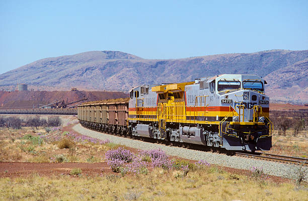 zug beladen eisenerz, pilbara, australien - land vehicle rail freight locomotive australia stock-fotos und bilder