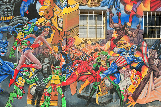 super heros street mural - spider man stockfoto's en -beelden