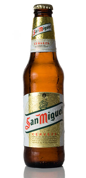 San Miguel beer St Ives, England - September 3, 2011: An ice-cold 330ml bottle of San Miguel 5% lager. In the UK San Miguel is brewed and distributed by the Carlsberg group. san miguel de cozumel stock pictures, royalty-free photos & images