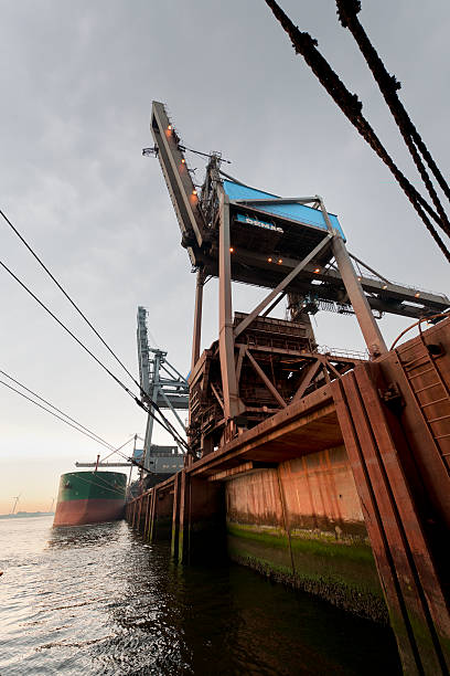 причалить грузовой корабль в гавань на рассвете - harbor editorial industrial ship container ship стоковые фото и изображения