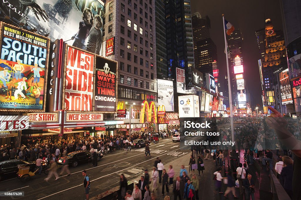 Broadway near Times Square, New York City "New York City, United States of America - June 19, 2009: Broadway street in New York City at night -- countless people are walking on the streets in the evening, surrounded by large illuminated billboards. Times Square can be seen in the distance." Billboard Stock Photo