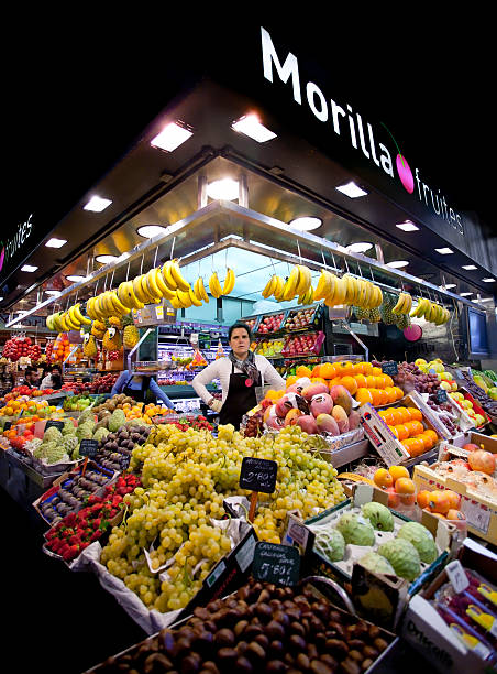 The famous La Boqueria market stalls on La Ramblas in Barcelona.
