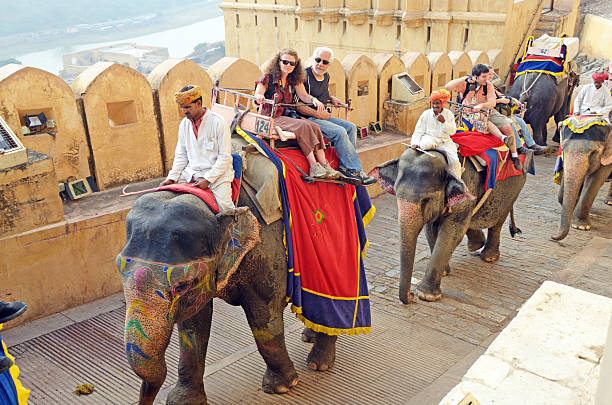 touristen reiten elefanten, amber fort in jaipur, indien - editorial in a row national landmark famous place stock-fotos und bilder