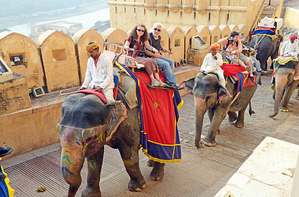 turisti equitazione elefanti, forte di ambra, jaipur, india - editorial in a row national landmark famous place foto e immagini stock