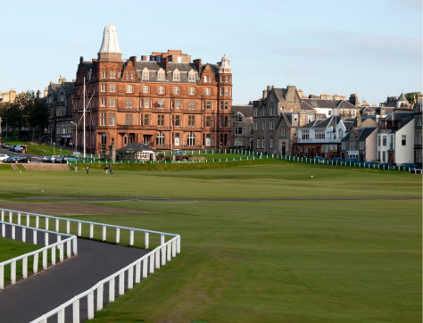 St. Andrews, Scotland - September 5, 2010: Hamilton Hall, overlooking the 18th green of the Old Course at St. Andrews, Scotland, the most famous golf course in the world.