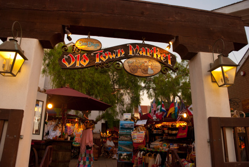 San Diego, United States - August 21, 2007: The entrance of Old Town Market in the Old Town San Diego area.  Old Town San Diego is the oldest and most well preserved neighborhood of San Diego, as well as the first european settled place in California.  The centerpiece is the Old Town San Diego State Historic Park, which is closed off to auto traffic and has many old historic buildings and looks like how San Diego was more than 150 years ago.