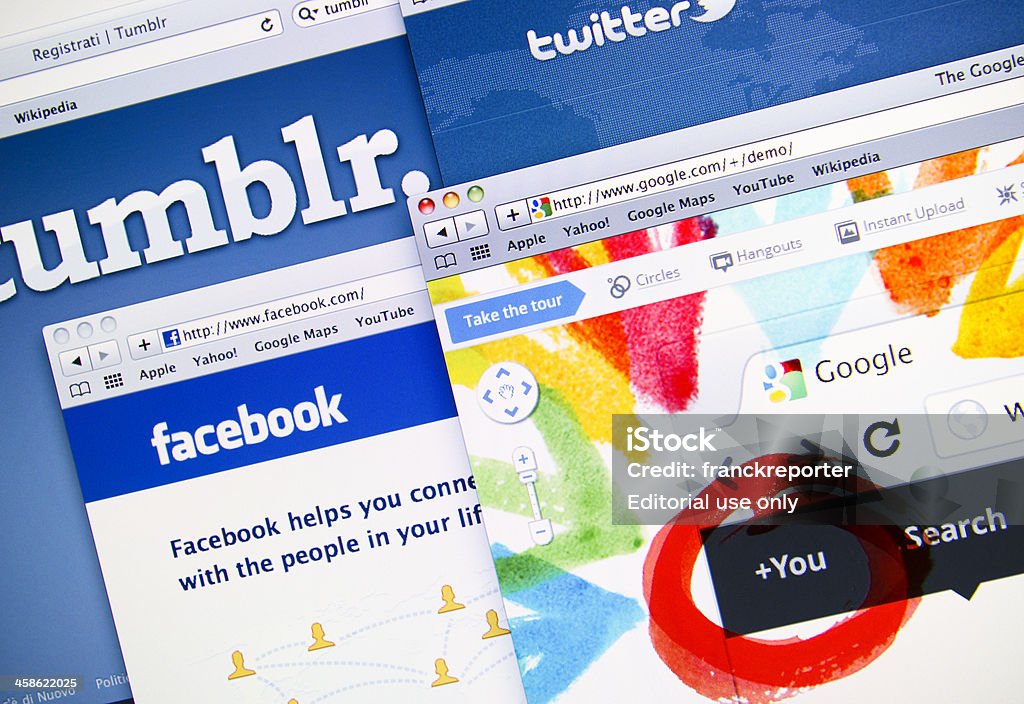 Google Plus, Facebook, Twitter e altri nuovi social network - Foto stock royalty-free di .com