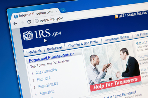 Castleford, England - September 9, 2011: Close up of Internal Revenue Service (IRS) main page on the web browser. IRS is a United States government agency tasked with collecting yearly state and income tax from working residents and businesses.
