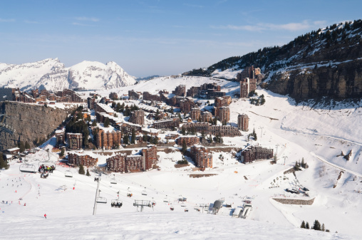 Avoriaz, France - April 9, 2010: View over the French ski resort town of Avoriaz. Avoriaz is in the Portes du Soleil ski area which extends over the nearby border into Swtzerland.