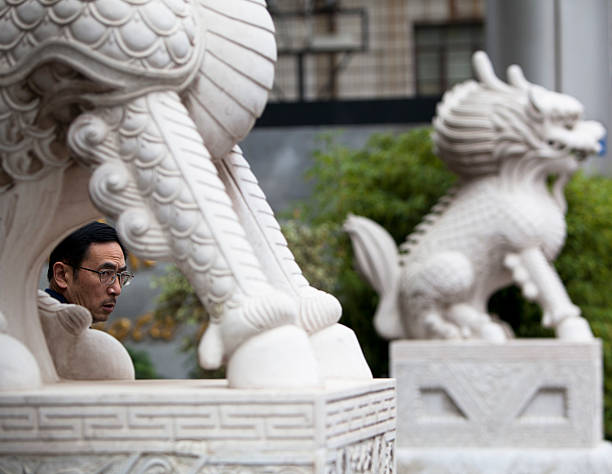 A majestic row of stone guardian lions stands in perfect symmetry, their weathered details whispering tales of ancient power and timeless protection.