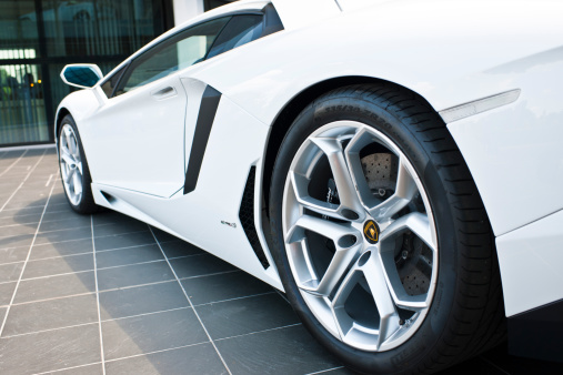 Sant\'Agata Bolognese, Italy - July 28, 2011: Lamborghini Luxury White Sports Car Aventador LP700-4 with Pirelli tyres