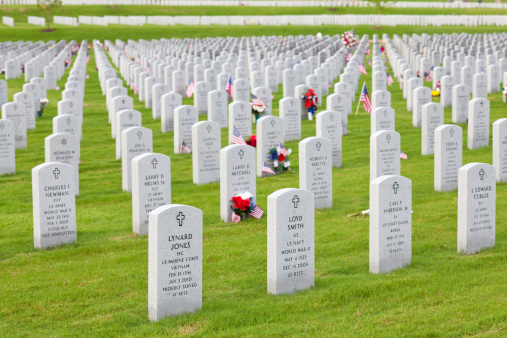 Dallas, Texas, USA - June 1, 2011: Rows of Military Graves at the Dallas-Fort Worth National Cemetery. The cemetery was dedicated and opened for burials of America's veterans on May 12, 2000. Fully developed, the Dallas-Fort Worth National Cemetery will provide burial space for 280,000 eligible veterans and dependents.