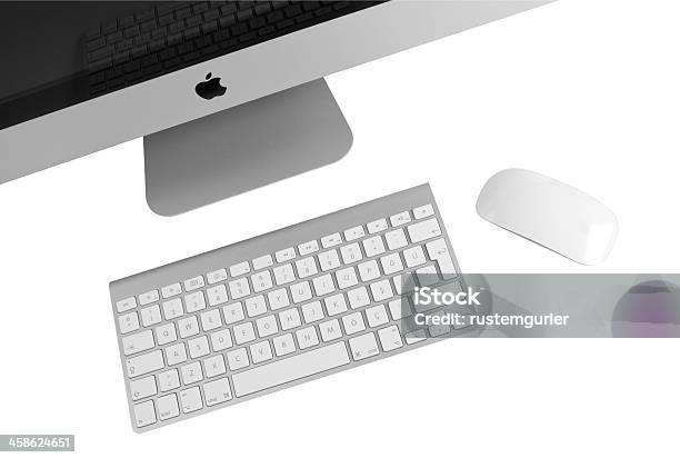 Apple Imac 27 Inch Computer Stock Photo - Download Image Now - Computer Keyboard, Computer Mouse, Aluminum