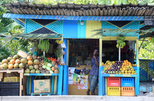 Ocho Rios, Jamaica - April 15, 2011: Local Fruit Stand in Ocho Rios, Jamaica