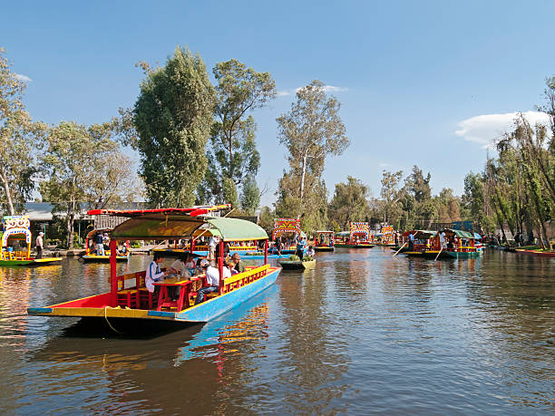 Trajinera boats in Xochimilco, Mexico City Xochimilco, Mexico City, Mexico - January 23, 2011: Pleasure boats on a canal in Xochimilco. Xochimilco is a suburb of mexico City with many canals. The pleasure boats called Trajineras can be rented hourly. It is a famous pastime for parties and families who bring food and drink. trajinera stock pictures, royalty-free photos & images
