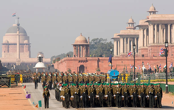 Display of Indian Power "New Delhi, India - January 20, 2008: Soldiers of the Indian Army marching down the Raj Path in preparation for the annual Republic Day Parade. The parade is held on 26 January each year to celebrate the formation of India as an independent Republic." Indian Army Infantry Day stock pictures, royalty-free photos & images