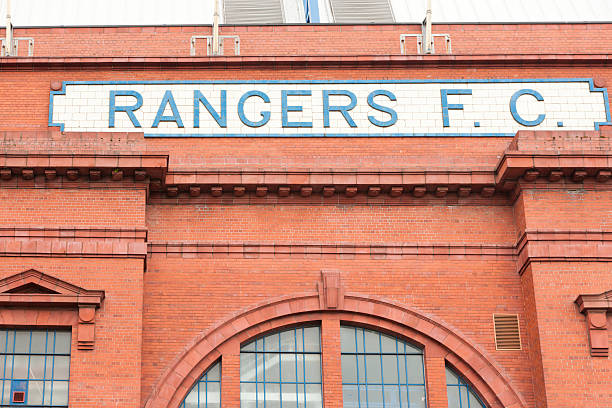 Ibrox Stadium, Glasgow Glasgow, UK - July 12, 2011: The Rangers F.C. sign over the Bill Struth Main Stand at Ibrox Stadium, Glasgow, the home ground of Rangers Football Club. The main stand was built in 1928 with an impressive red brick facade. ibrox stock pictures, royalty-free photos & images