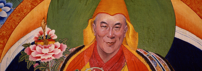 Dharamsala, India -- June 5, 2008: photograph of painted portrait of the exiled Tibetan religious leader, the14th Dalai Lama, Tenzin Gyatso. The mural appears on the walls at Norbulingka Temple in lower Dharamsala. The Tibetan artist is unknown as most Tibetan portraiture of iconic religious figures is anonymous.