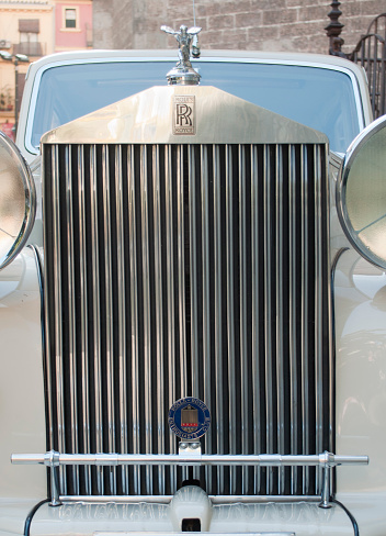 Valencia, Spain, June 16, 2012. Motor and emblem of a Rolls royce silver cloud.