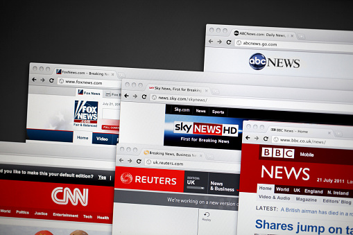 London, United Kingdom - July 21, 2011: World news websites, including BBC, Reuters, CNN, FOX, abc and Sky. Shown in Google chrome web browser. These are some of the most popular news websites in the world.