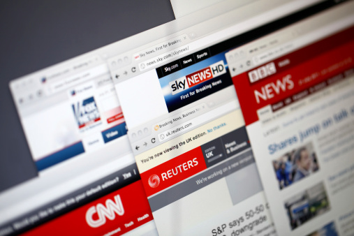 London, United Kingdom - July 21, 2011: World news websites, including BBC, Reuters, CNN, FOX and Sky. Shown in Google chrome web browser. These are some of the most popular news websites in the world.
