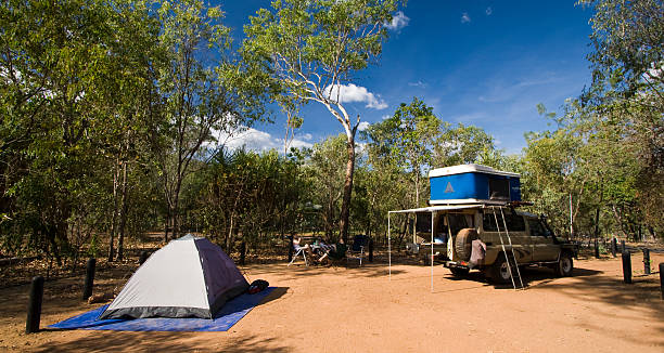 Litchfield National Park Camping Litchfield National Park, Australia - June 29, 2009: A camp setup at the Wangi Falls campsite in Litchfield National Park.  Litchfield National Park is located in the Northern Territory in Australia. darwin nt stock pictures, royalty-free photos & images