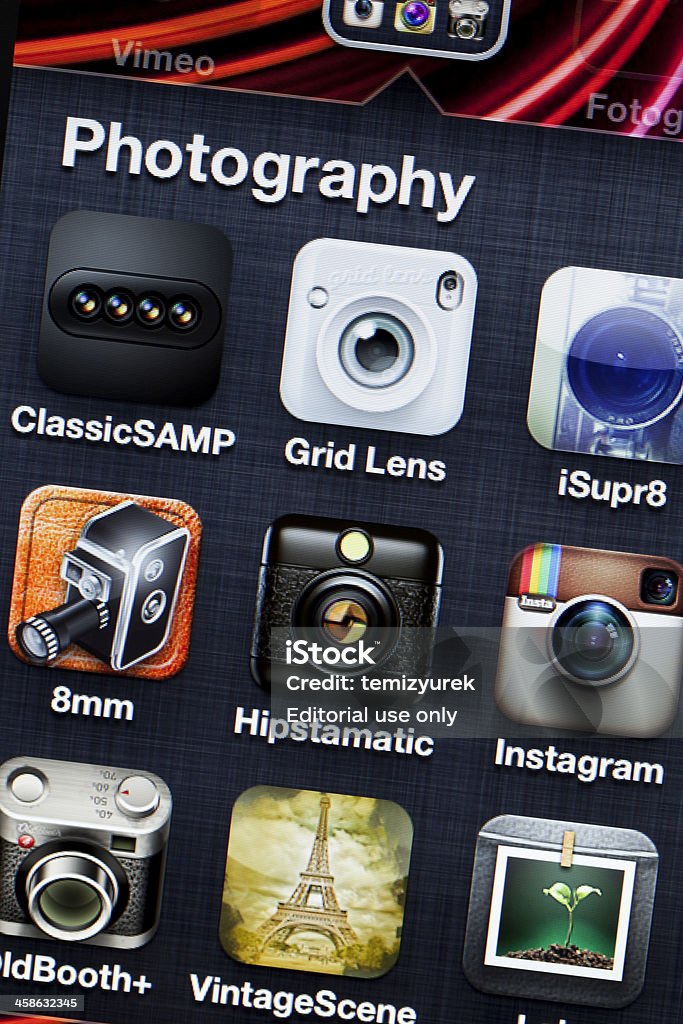 Fotografie-apps auf iPhone 4 ",Fotografía en pantalla de apps iPhone 4" - Lizenzfrei Aktivitäten und Sport Stock-Foto