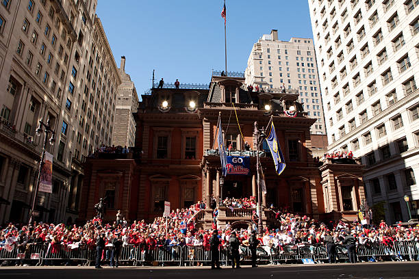 Philadelphia, Pennsylvania, USA - October 31, 2008: Fans gathered on Broad Street in Philadelphia, Pennsylvania for the 2008 World Series Parade to celebrate the win of the Philadelphia Phillies in the 2008 World Series that ended on October 29. 2008.