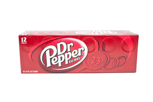 Pomona, CA, USA - July 27, 2011: Dr Pepper on an isolated white background Dr Pepper also has 23 flavors in it.