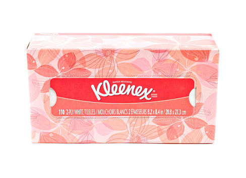 Chatham, Ontario, Canada - February 17, 2011: One box of kleenex Brand Facial Tissues on a white background. Kleenex is a registered trademark of Kimberly-Clark Worldwide Inc and manufactured for Kimberly-Clark Global Sales LLC.