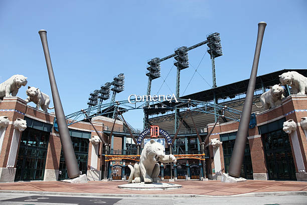 Comerica Park Detroit, Michigan, USA - May 31, 2011: Front entrance to Comerica Park the home field of the Detroit Tigers baseball team detroit tigers stock pictures, royalty-free photos & images